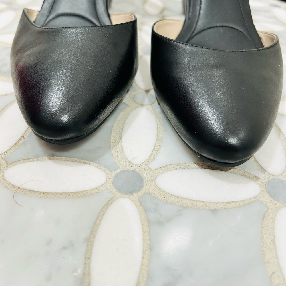 Cole Haan Grand.OS Black Leather Wedge Heels Size 9 Double Ankle Strap Gold Zip - Picture 7 of 11